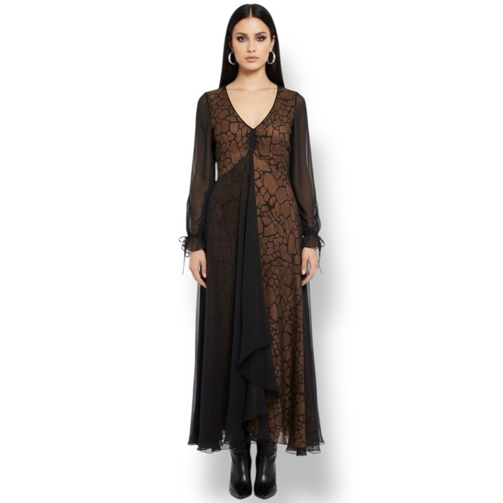 Nougat London Black & Bronze Silk Chiffon Midi Dress Size 2